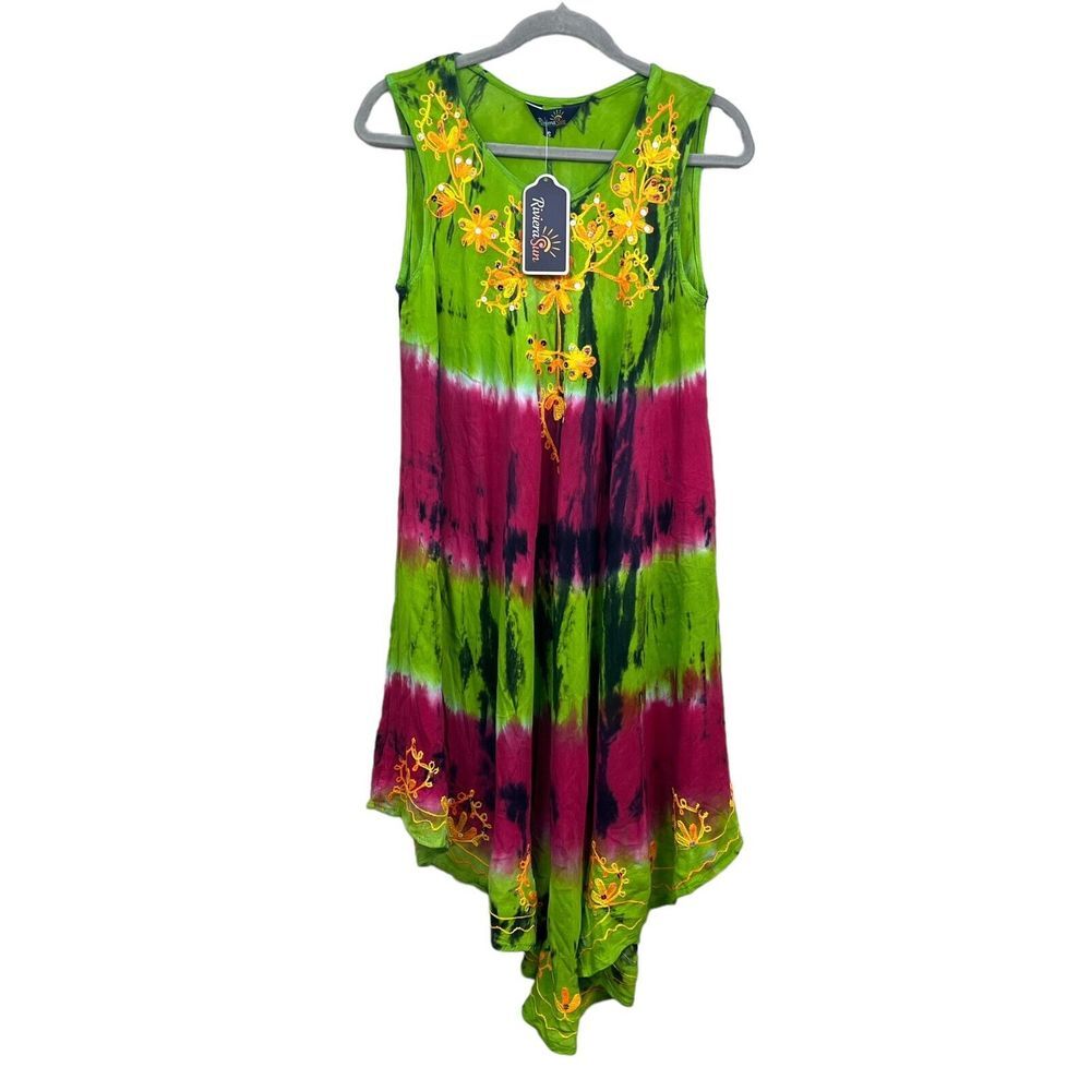 Riviera Sun Women Tie Dye Dress Floral Embroidered Swimsuit Cover Up Green Sz S*